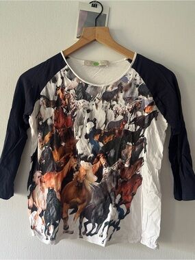 Vintage Stella McCartney horse Print Raglan Top with Navy Sleeves